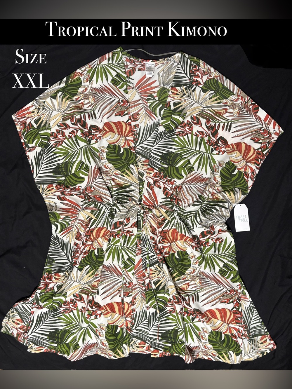 Women’s Tropical Print Tie-Front Kimono with Short Dolman Sleeve